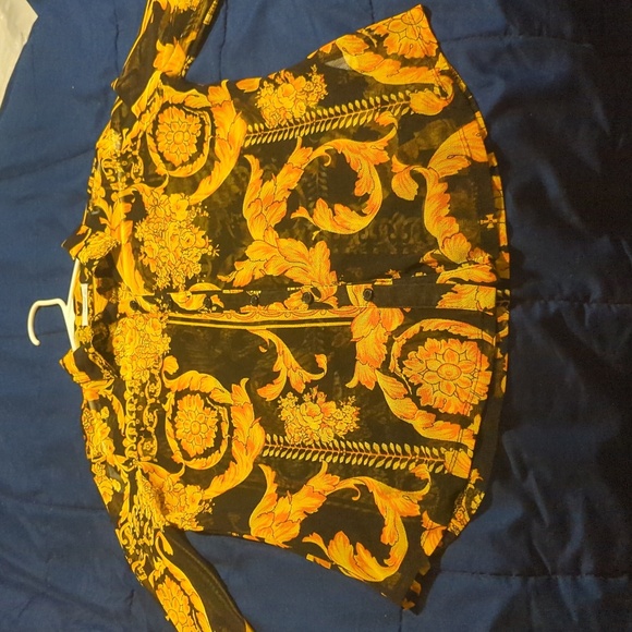 Timing Tops - EUC women's gold and black (see-through) button up shirt, size L